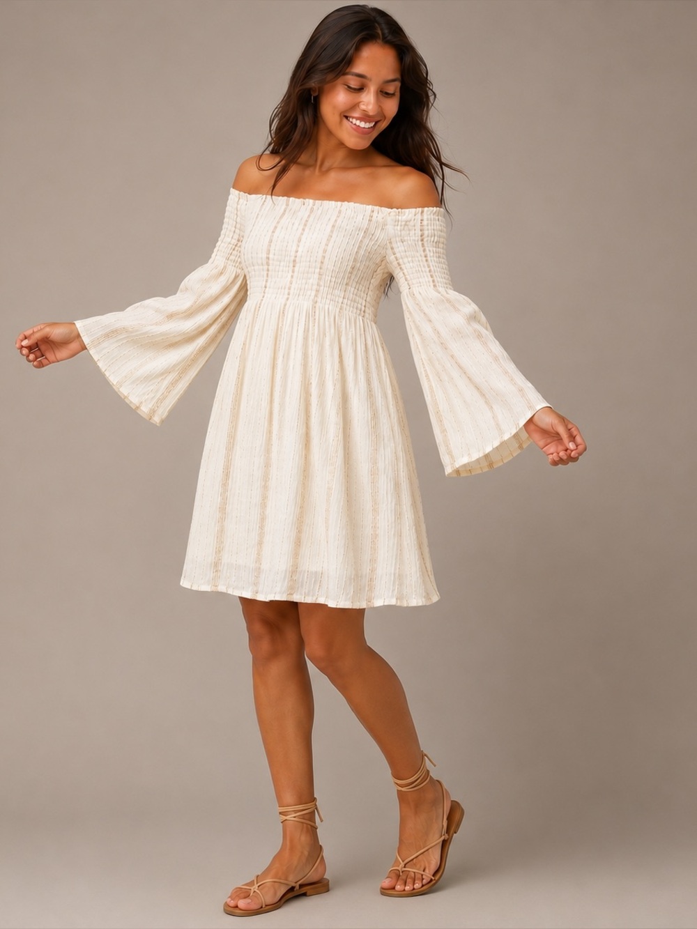 Blue Island Boho Off Shoulder Fairycore Dress Cream Gold Metallic Stripes L
